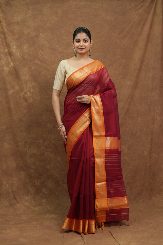 Deep Maroon Maheshwari SICO Saree with Mustard Gold Border & Rich Striped Pallu