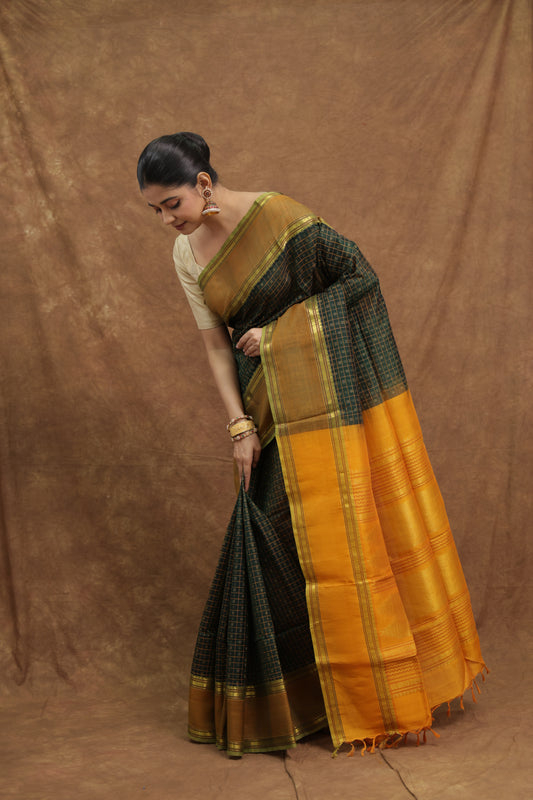Olive Green Kanchipuram SICO Saree with Mustard Gold Border & Rich Woven Pallu