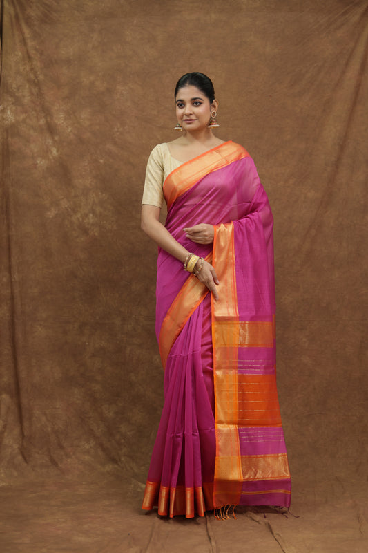 Rani Pink Maheshwari SICO Saree with Mustard Orange Border & Rich Striped Pallu