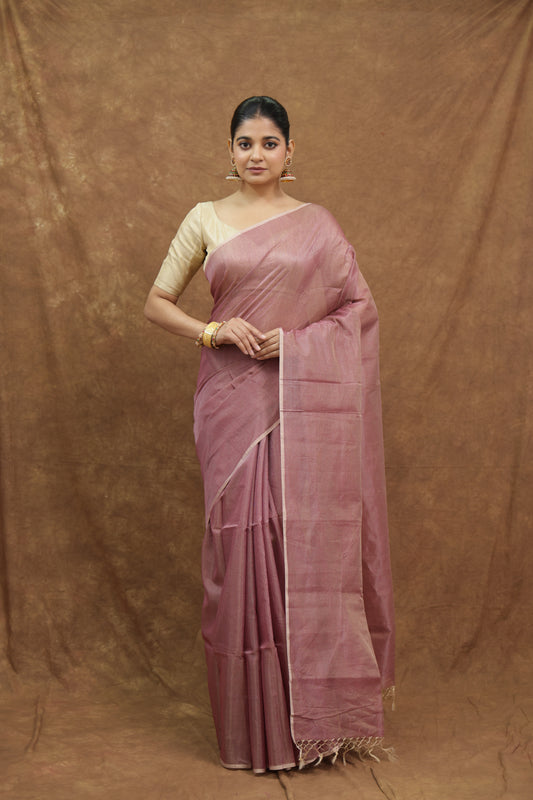 Dusty Rose Maheshwari SICO Saree with Silver Woven Border & Elegant Striped Pallu