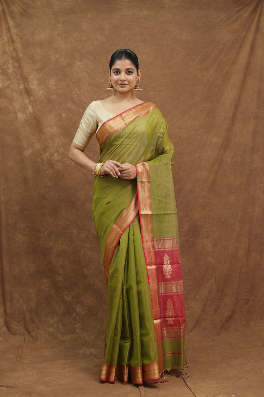 Olive Green Maheshwari SICO Saree with Magenta Woven Pallu