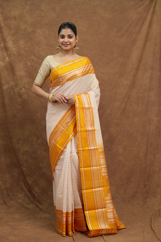 Ivory Kanjeewaram SICO Saree with Mustard Yellow Border & Checked Pallu