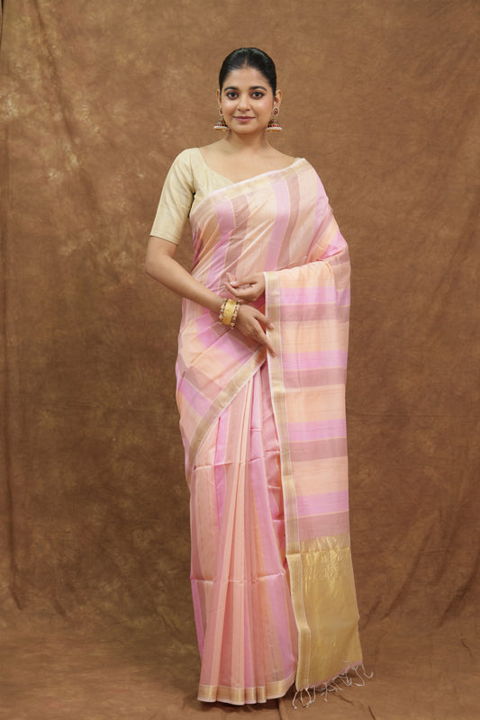 Blush Pink Maheshwari SICO Saree with Pastel Striped Pallu