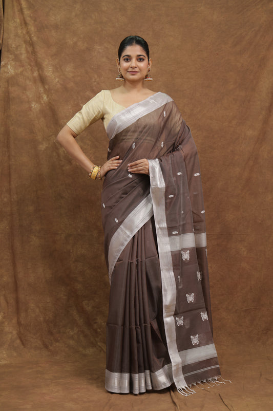 Chocolate Brown Kanchipuram SICO Saree with Silver Grey Border & Woven Pallu