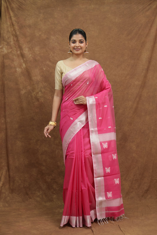 Rani Pink Maheshwari SICO Saree with Silver Border & Woven Pallu