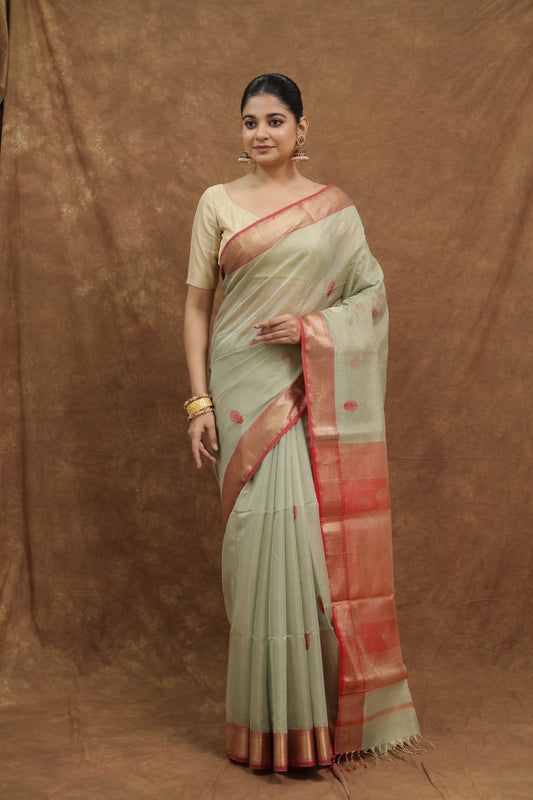 Sage Green Maheshwari SICO Saree with Coral Woven Border & Rich Pallu