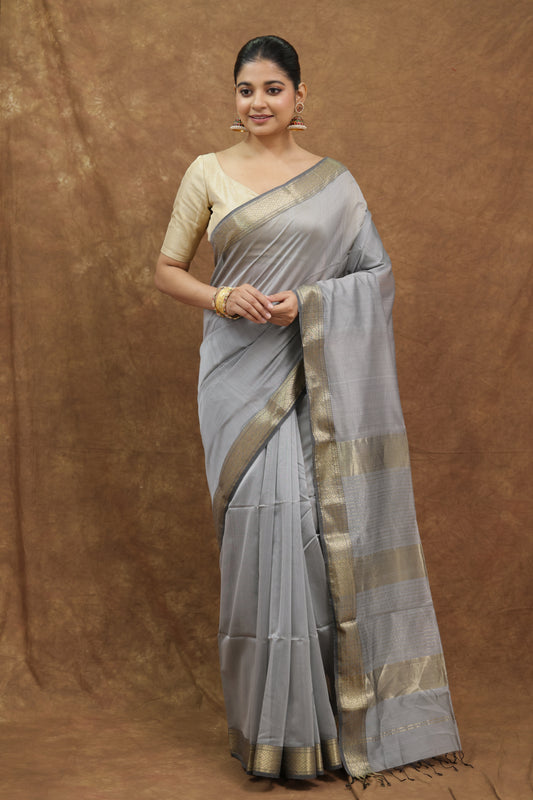 Slate Grey Maheshwari SICO Saree with Beige Woven Border & Striped Pallu