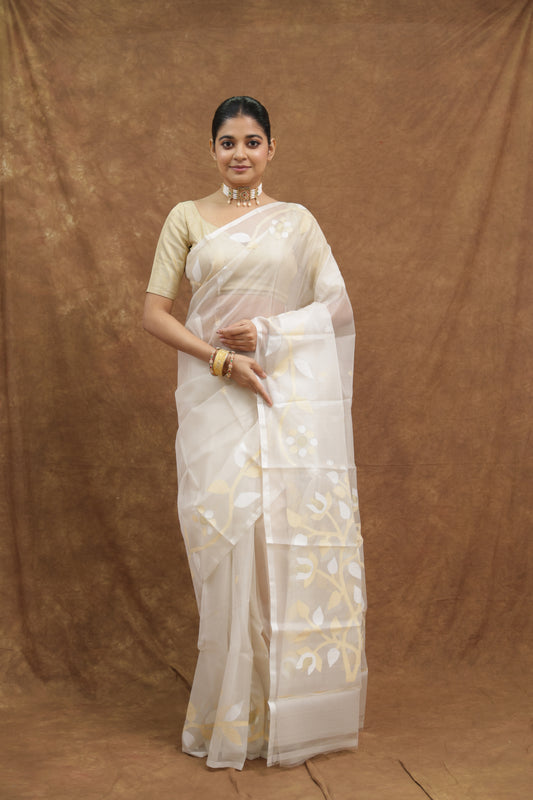 Ivory White Muslin Silk Saree with Gold Woven Border & Elegant Pallu