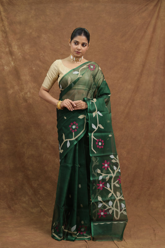 Forest Green Muslin Silk Saree with Floral Woven Design & Rich Pallu