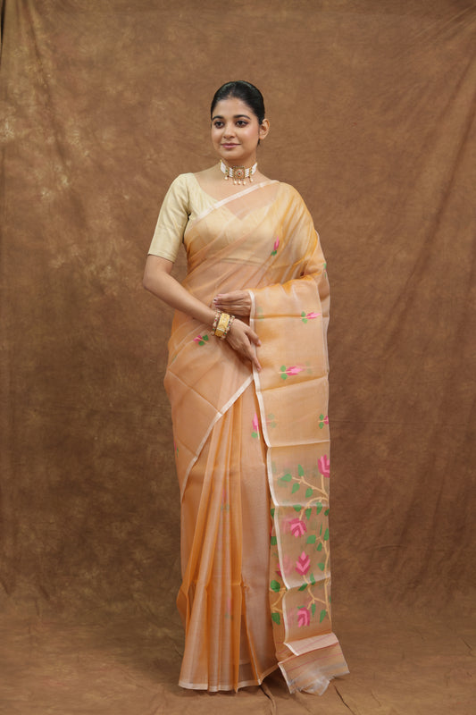 Beige Muslin Silk Saree with Floral Embroidered Pallu & Elegant Border