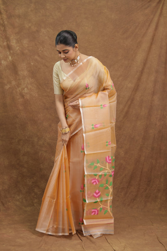 Beige Muslin Silk Saree with Floral Embroidered Pallu & Elegant Border