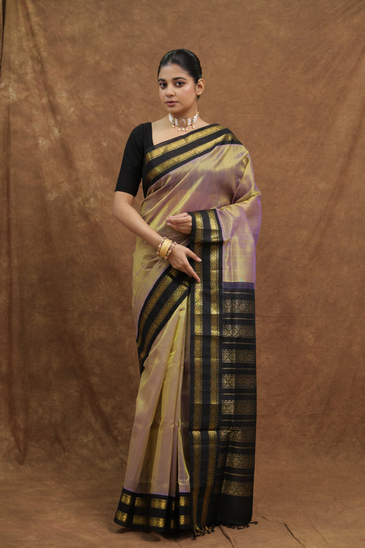 Beige Kanchipuram SICO Saree with Black Woven Border & Traditional Pallu