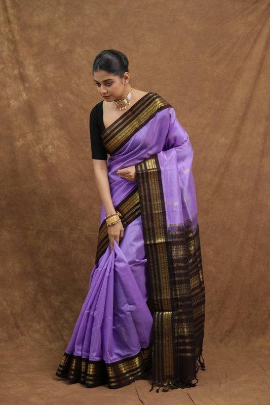 Lavender Purple Kanchipuram SICO Saree with Black Woven Border & Rich Pallu