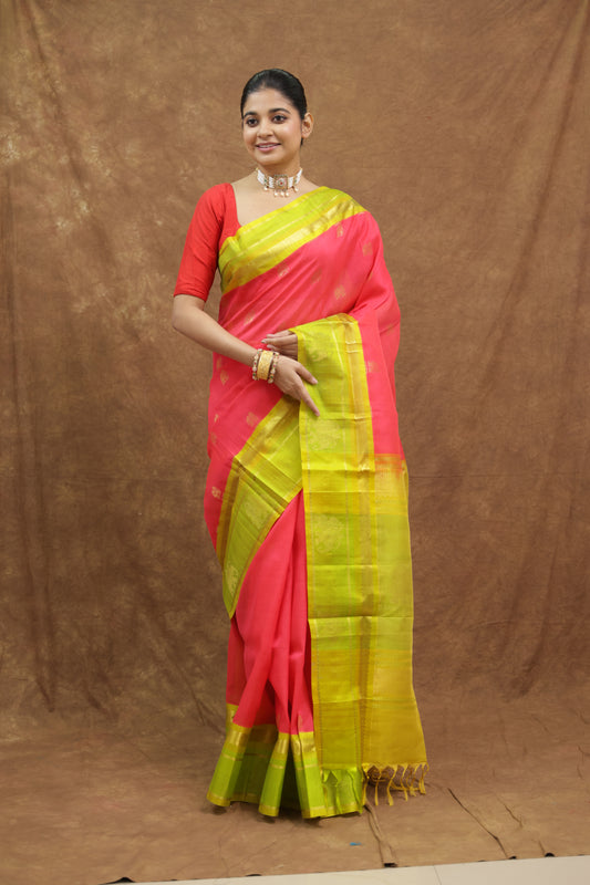 Vibrant Pink Saree with Lime Green Border