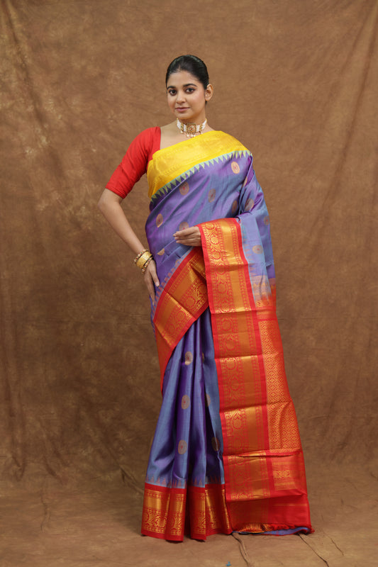 Royal Blue Gadwal Silk Saree with Mustard Yellow Border & Red Woven Pallu