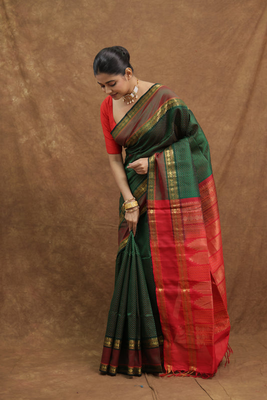 Emerald Green Kanchipuram SICO Saree with Crimson Red Woven Pallu & Border