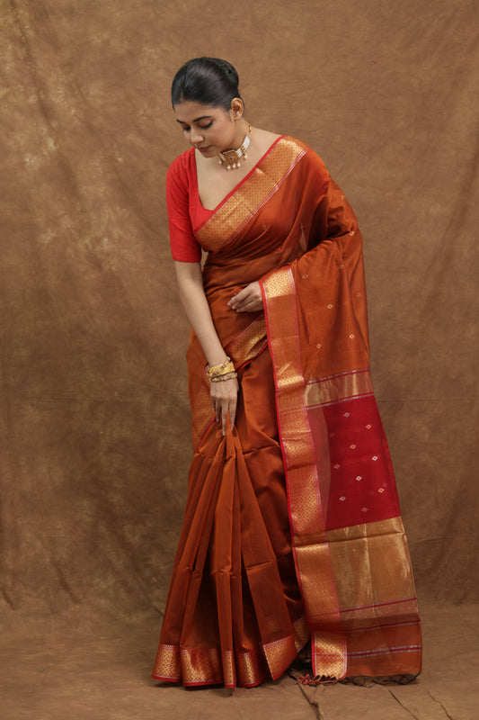 Rust Maheshwari SICO Saree with Crimson Red Woven Pallu & Gold Border