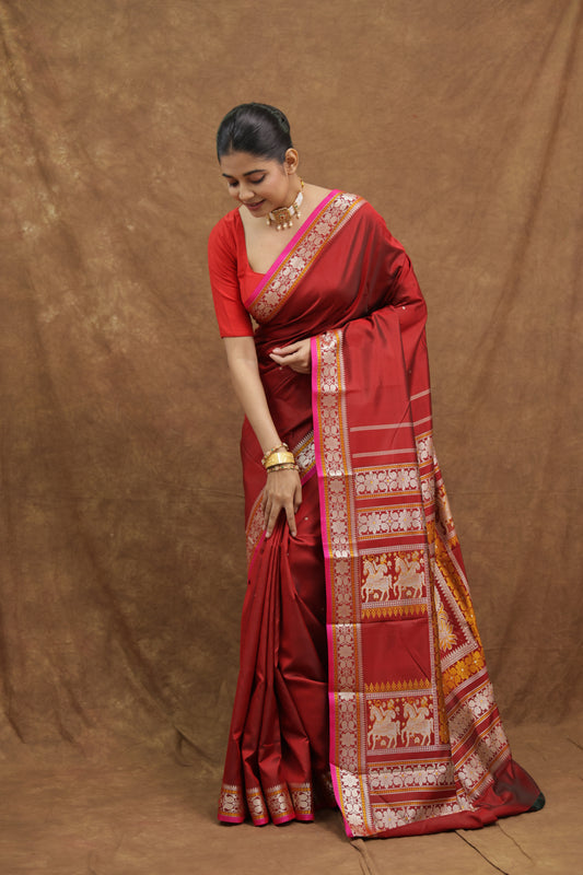 Deep Maroon Kanjeewaram Silk Saree with Heritage Woven Pallu & Ornate Border