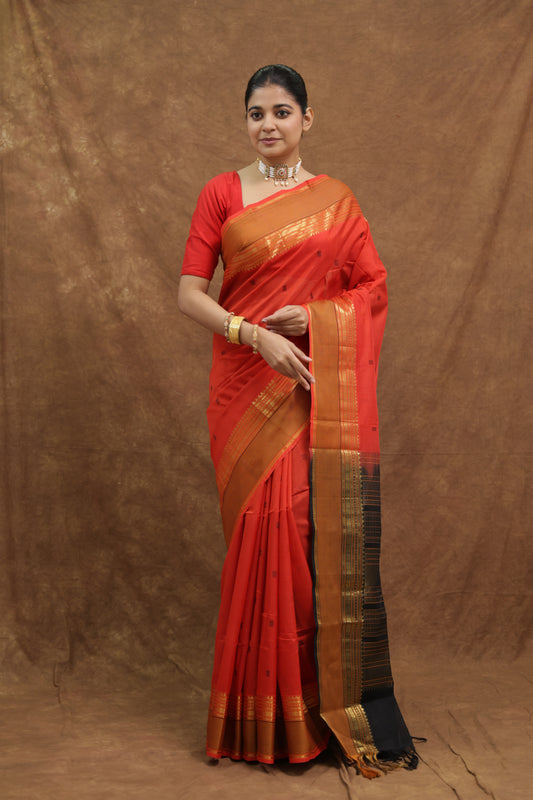 Orange Kanchipuram SICO Saree with Black Woven Border & Traditional Pallu