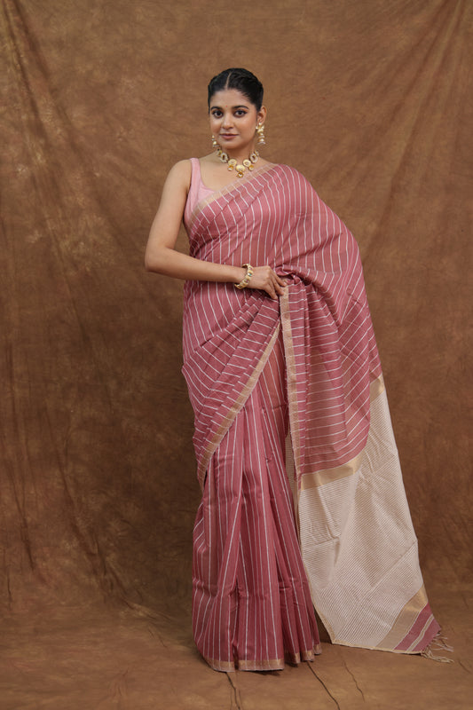 Dusty Rose Maheshwari SICO Saree with Ivory Pallu