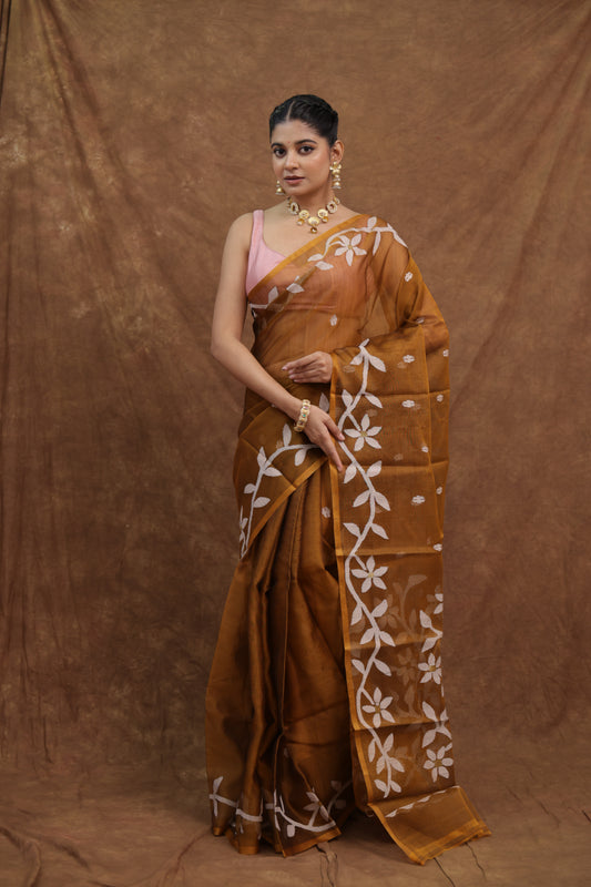 Rust Brown Bishnupur Cotton Saree with Ivory Floral Detailing