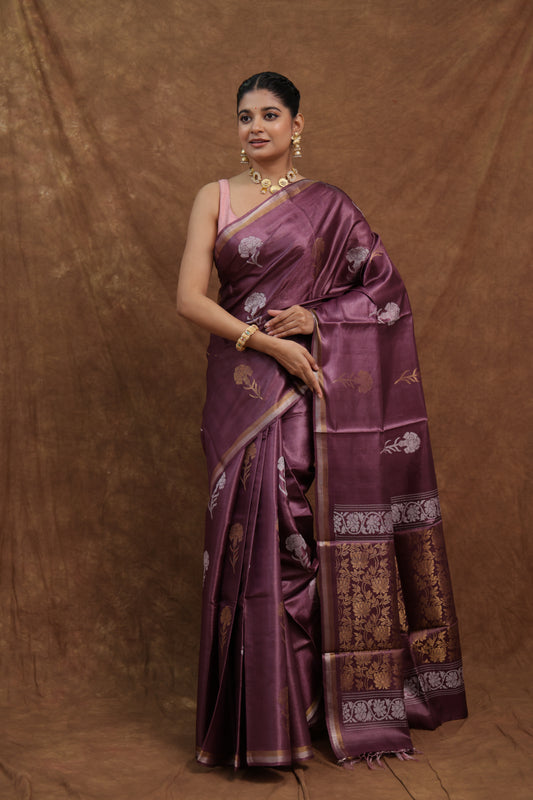 Plum Purple Kosa Silk Saree with Traditional Woven Pallu