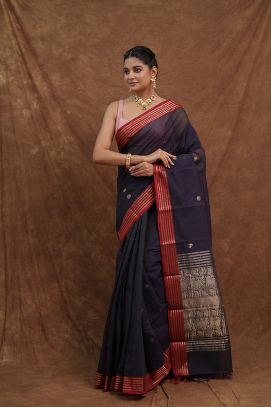 Midnight Blue Kanchipuram Cotton Saree with Red Woven Border