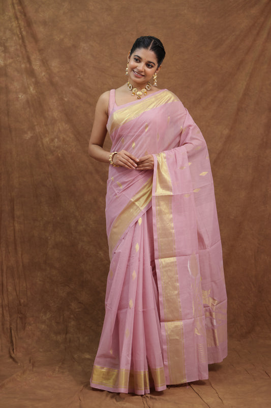 Blush Pink Kanchipuram SICO Saree with Golden Woven Border