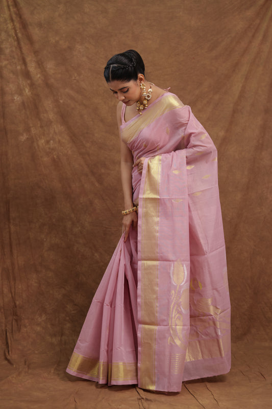 Blush Pink Kanchipuram SICO Saree with Golden Woven Border