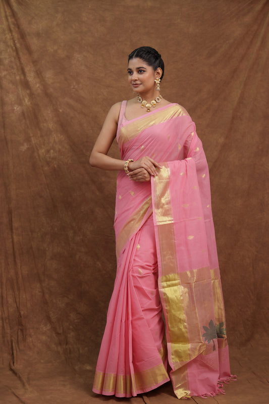 Rose Pink Kanchipuram SICO Saree with Golden Border