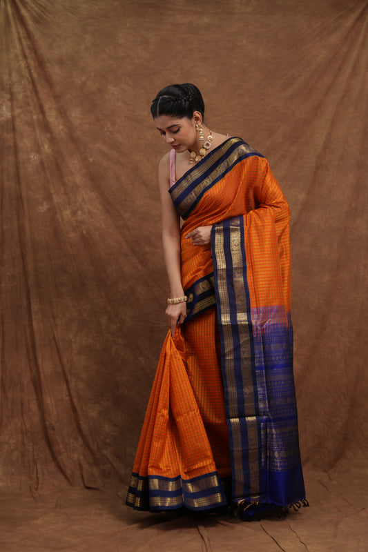 Rust orange Kanchipuram SICO saree with navy blue border, traditional Indian silk sari by Joyee Kolkata.