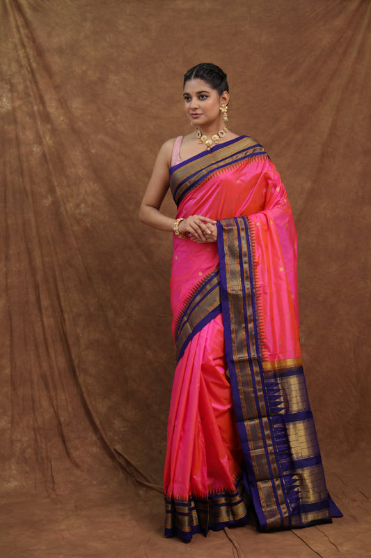 Rani Pink Ilkal Silk Saree with Navy Blue Traditional Border