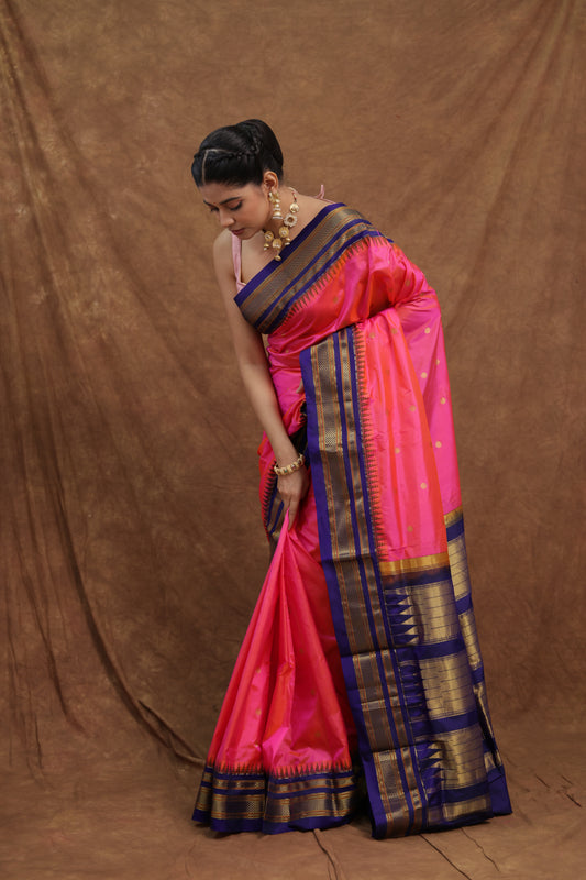 Rani Pink Ilkal Silk Saree with Navy Blue Traditional Border
