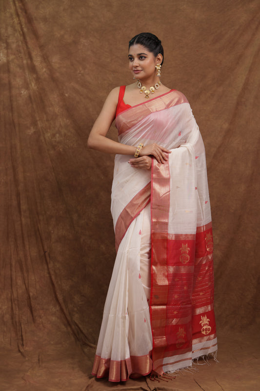 Ivory Maheshwari SICO Saree with Red Woven Pallu