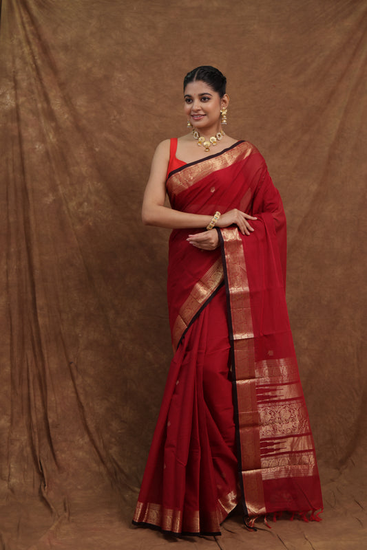Crimson Red Kanchipuram Cotton Saree with Traditional Woven Border