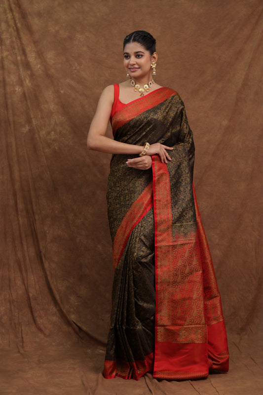 Green Banarasi Silk Saree with Rich Red Woven Border
