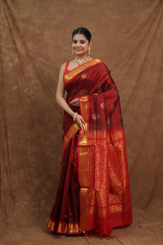 Deep Maroon Kanchipuram SICO Saree with Red Woven Pallu