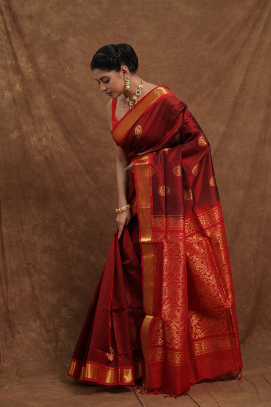 Deep Maroon Kanchipuram SICO Saree with Red Woven Pallu