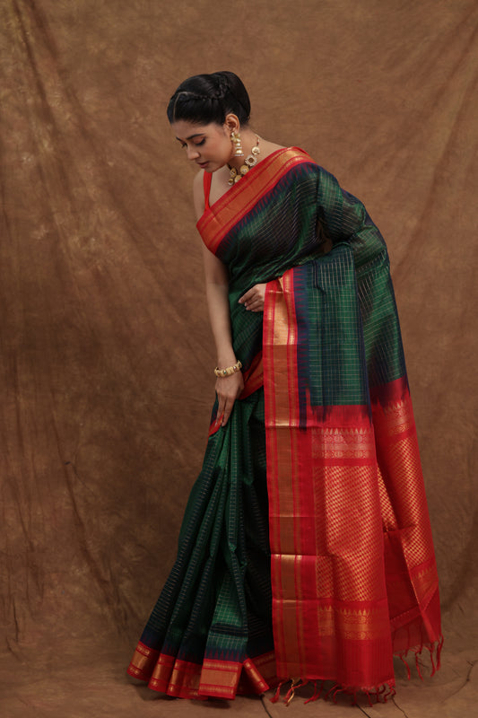 Bottle Green Kanchipuram SICO Saree with Red Woven Pallu