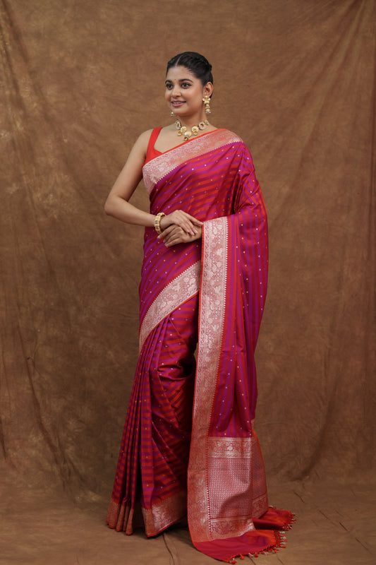 Rani Pink Banarasi Silk Saree with Contrasting Woven Border