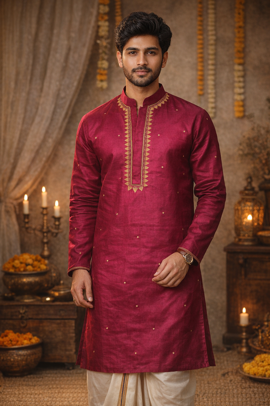Regal Wine Silk Blend Kurta with Golden Butta Embroidery