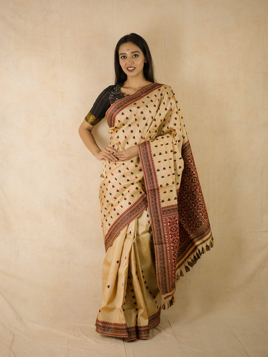 HANDWOVEN BEIGE COLOUR ASSAM SILK SAREE WITH 73 CM BLOUSE PIECE