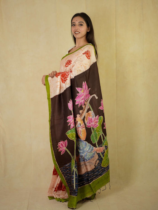HANDWOVEN CREAM COLOUR BATIK (LOTUS) SILK SAREE WITH 93 CM BLOUSE PIECE