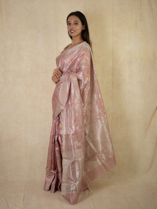 HANDWOVEN PINK COLOUR CHANDERI SILK SAREE WITH 1 M BLOUSE PIECE