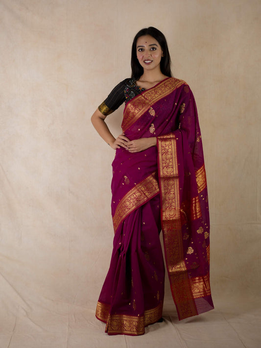 HANDWOVEN DARK PURPLE COLOUR CHANDERI SILK BY COTTON SAREE WITH 75 CM BLOUSE PIECE