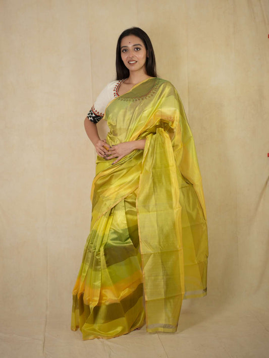 HANDWOVEN YELLOW AND GREEN COLOUR CHANDERI SILK SAREE WITH 1 M BLOUSE PIECE