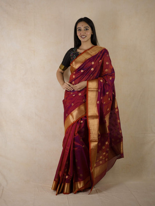 HANDWOVEN RED GOLDEN DUAL TONE CHANDERI SILK SAREE WITH 87 CM BLOUSE PIECE