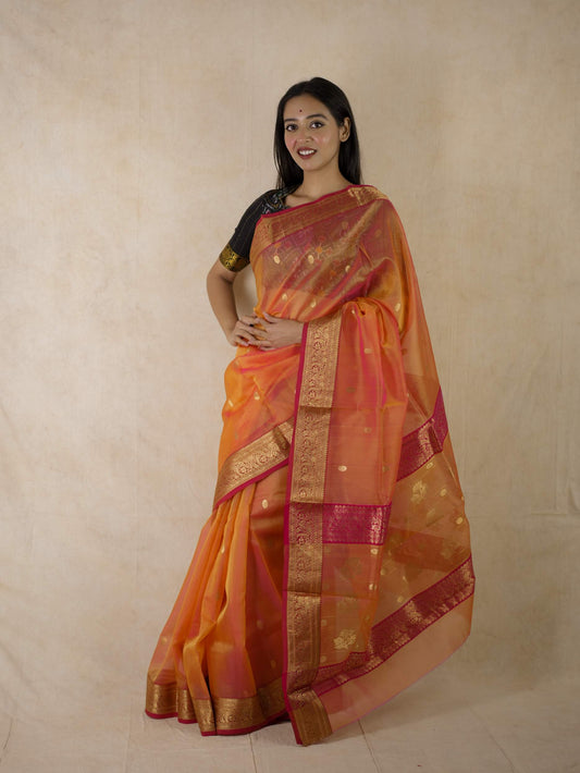 HANDWOVEN ORANGE-RED COLOUR CHANDERI SILK COTTON SAREE WITH 90 CM BLOUSE PIECE