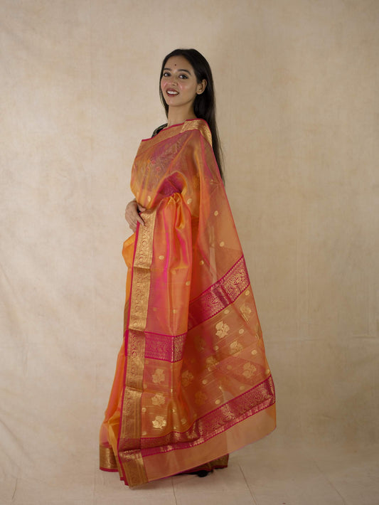HANDWOVEN ORANGE-RED COLOUR CHANDERI SILK COTTON SAREE WITH 90 CM BLOUSE PIECE