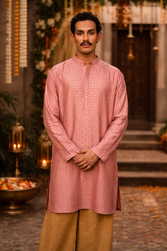 Elegant Dusty Rose Silk Kurta with Subtle Butta Design